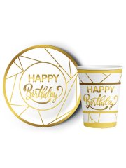 8'li Karton Tabak -  Bardak Yaldızlı Happy Birthday Beyaz - Altın Yaldız