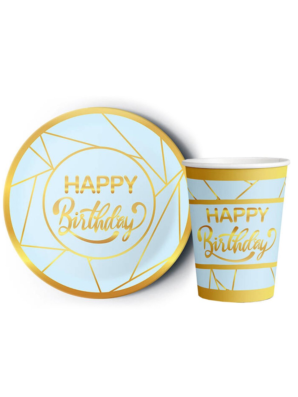 8'li Karton Tabak -  Bardak Yaldızlı Happy Birthday Mavi - Altın Yaldız