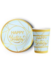 8'li Karton Tabak -  Bardak Yaldızlı Happy Birthday Mavi - Altın Yaldız