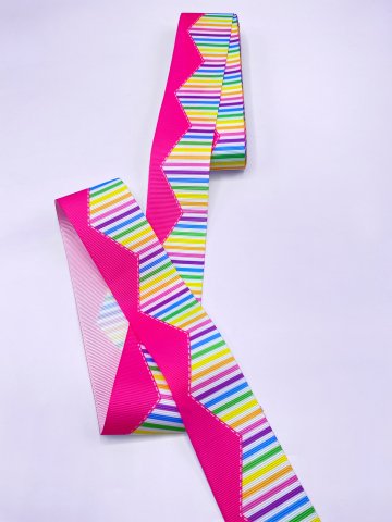 Baskılı Grogren Kurdele (4cm-5 Metre) Fuşya Çizgili