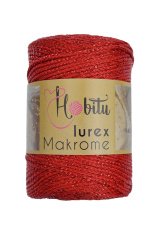 Polyester Simli Makrome El Örgü ipi Kırmızı - Gümüş